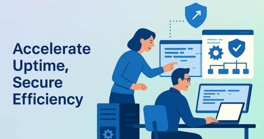 Vector of IT consulting streamlining enterprise systems for faster deployment and enhanced security, in a modern office setting.