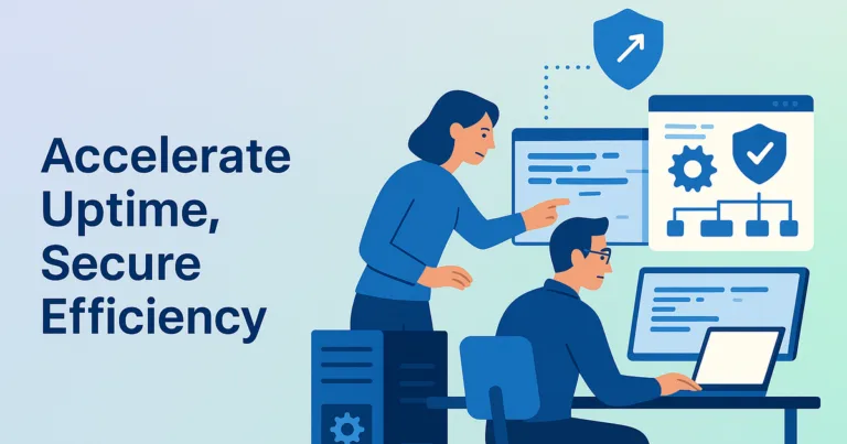 Vector of IT consulting streamlining enterprise systems for faster deployment and enhanced security, in a modern office setting.