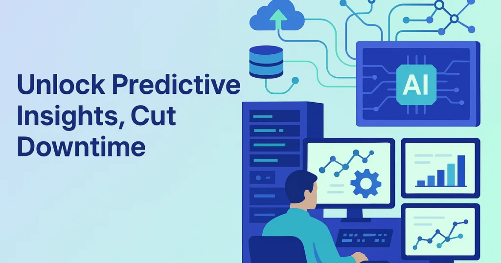 Illustration of unified data systems accelerating analytics and reducing downtime for predictive business operations in a modern workspace.