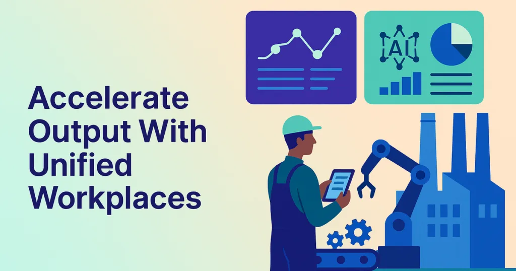 Digital workplace unifies data and AI tools, boosting manufacturing productivity with clean, modern visuals and pastel accents.