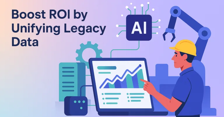 Vector illustration of AI unifying legacy data in manufacturing, visually showing reduced downtime and agile business impact.
