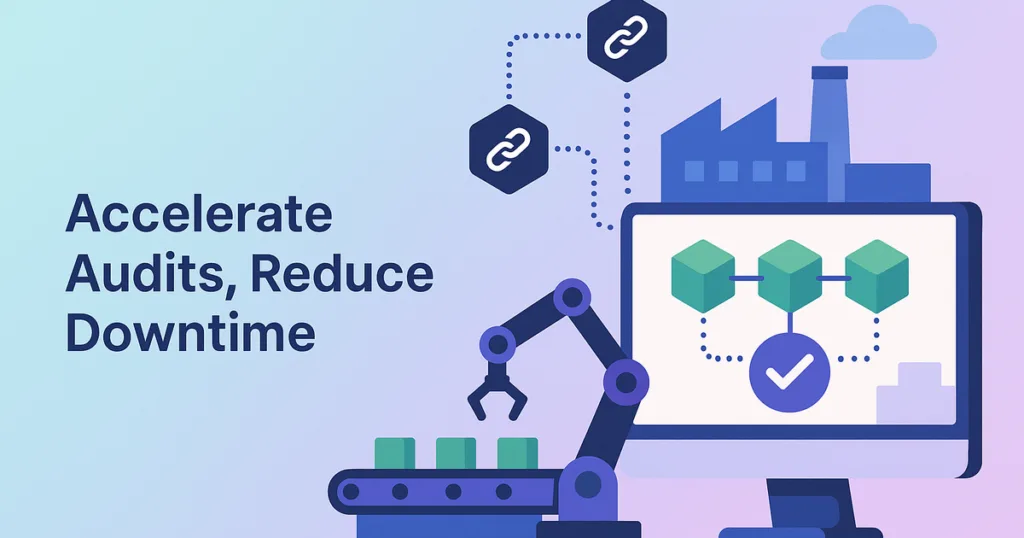 Illustration of blockchain-enabled supply chain audit automation improving efficiency and transparency in manufacturing.