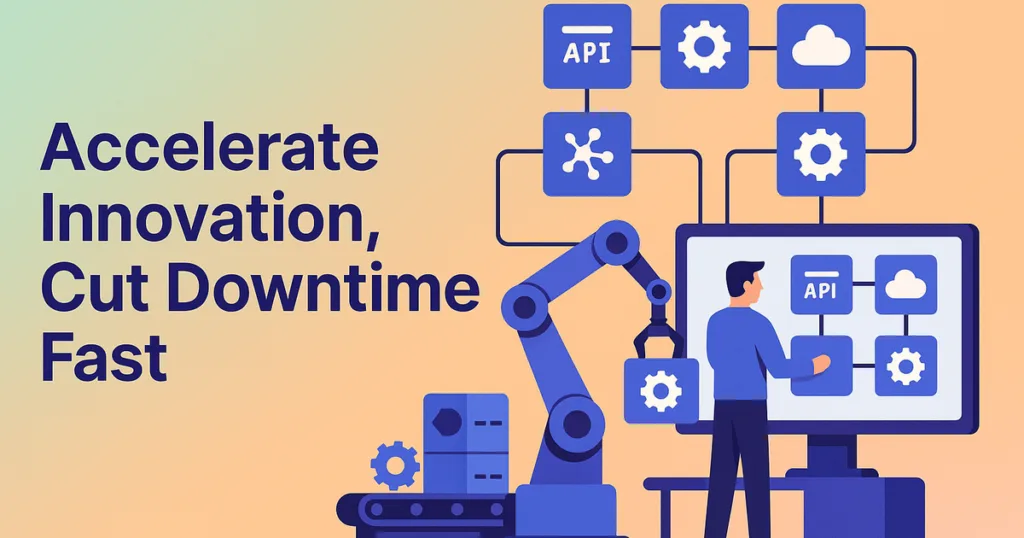 Illustration of modular API-based systems optimizing manufacturing, highlighting agility, reduced downtime, and faster innovation.