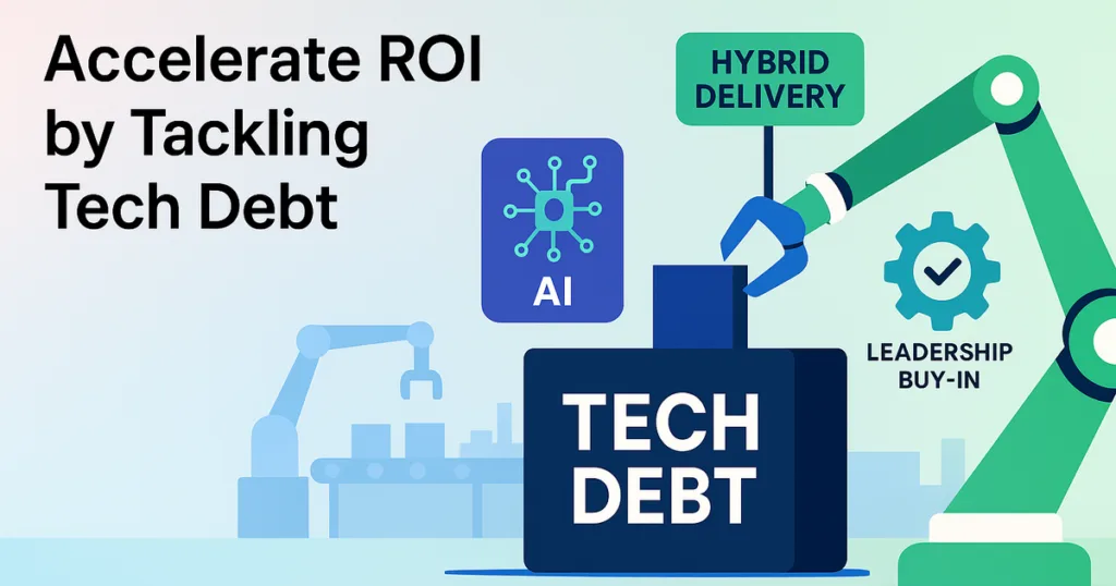 Illustration of AI-driven remediation overcoming technical debt in manufacturing, enabling faster digital innovation and measurable ROI
