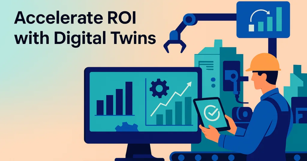 Digital twin reducing manufacturing downtime with real-time ERP integration and predictive maintenance, modern flat vector style