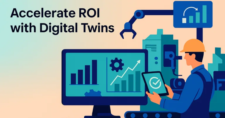 Digital twin reducing manufacturing downtime with real-time ERP integration and predictive maintenance, modern flat vector style
