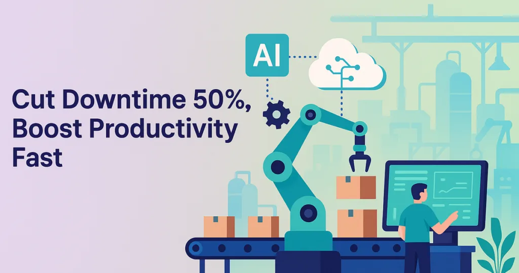 Hyperautomation in manufacturing uses AI and cloud automation to cut downtime and boost productivity on a pastel gradient background.