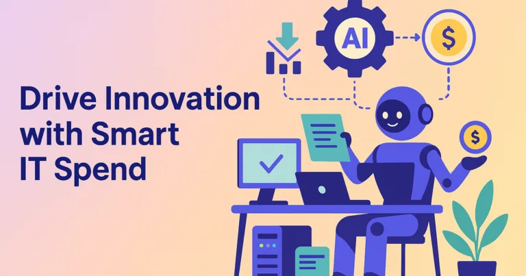 Modern vector of AI-streamlined IT assets optimizing costs in a bright office, symbolizing innovation and waste reduction.