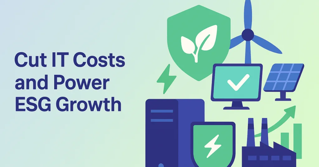 Modern factory using sustainable IT to lower energy costs and meet ESG goals, systems shown optimizing hardware and monitoring energy.